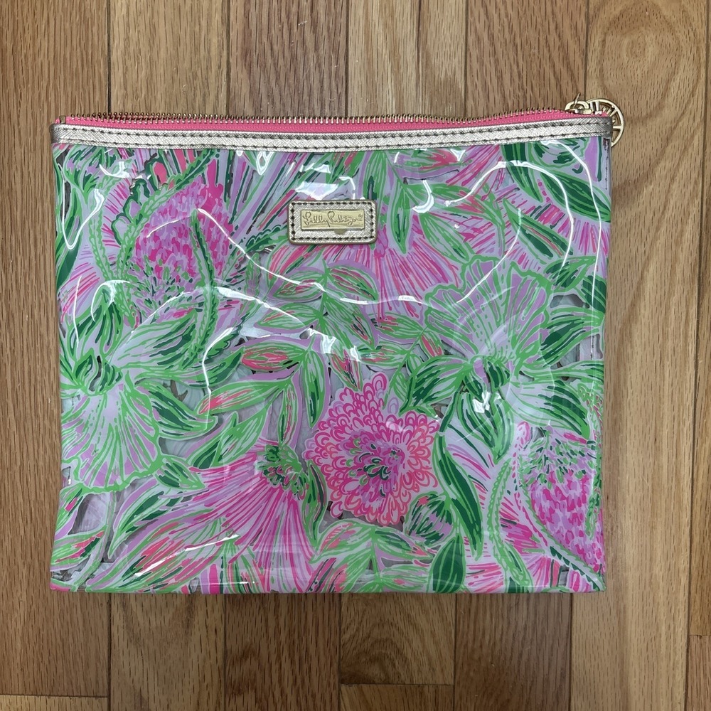 Lilly Pulitzer Pink Green Floral Clear PVC Wristlet Pouch‎ Beach Pool Bag 10x8